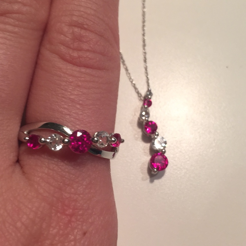 Red and white gemstone necklace and ring